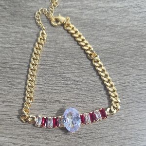 14k Gold Plated Bracelet with Clear Center Stone and Red Accents